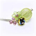 Green Lucite Pendant W/ Flower- Green Necklace-..