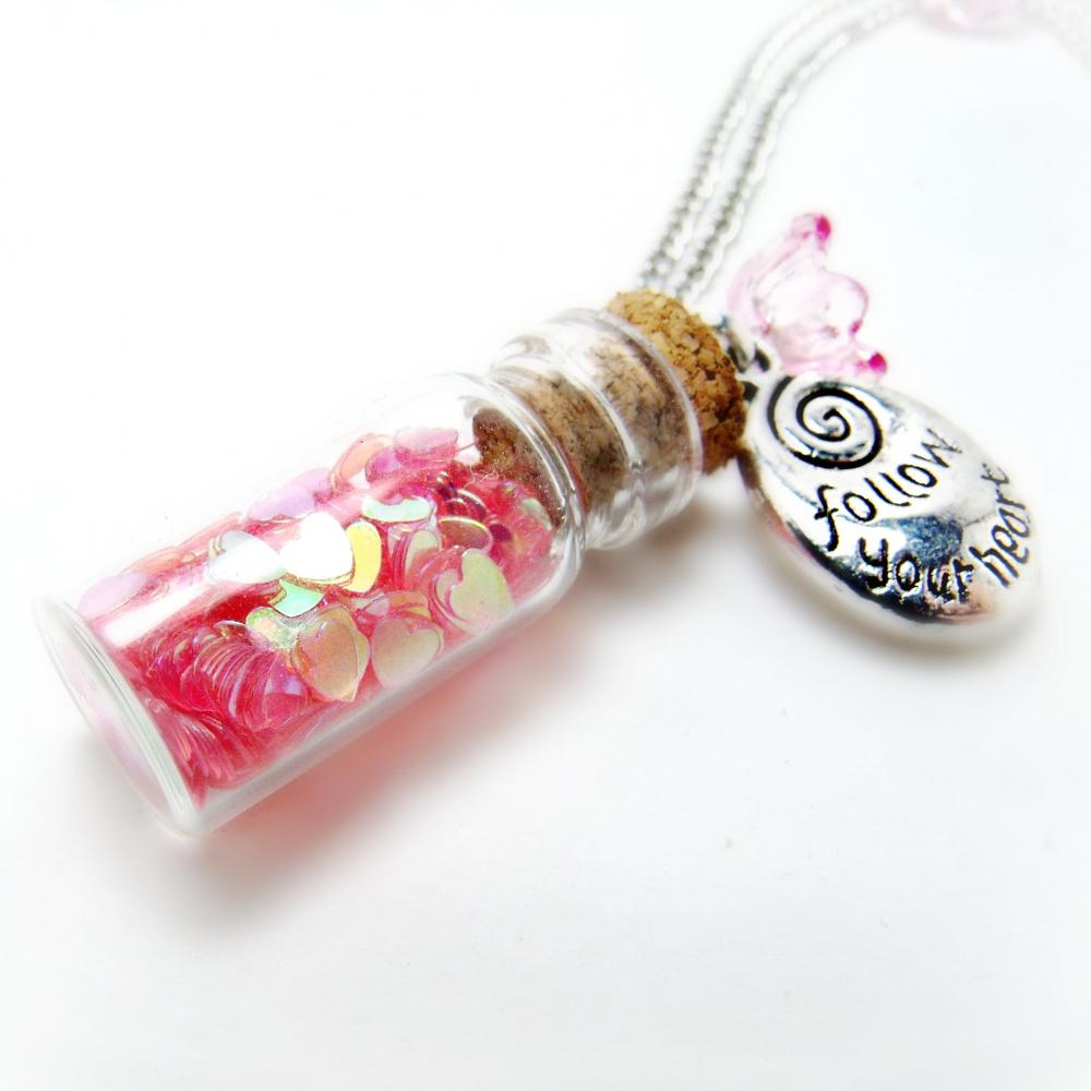 Jar Of Hearts Necklace- Glitter Necklace-bottle Necklace-charm Necklace-summer Necklace-flower Necklace-bottle Jewelry