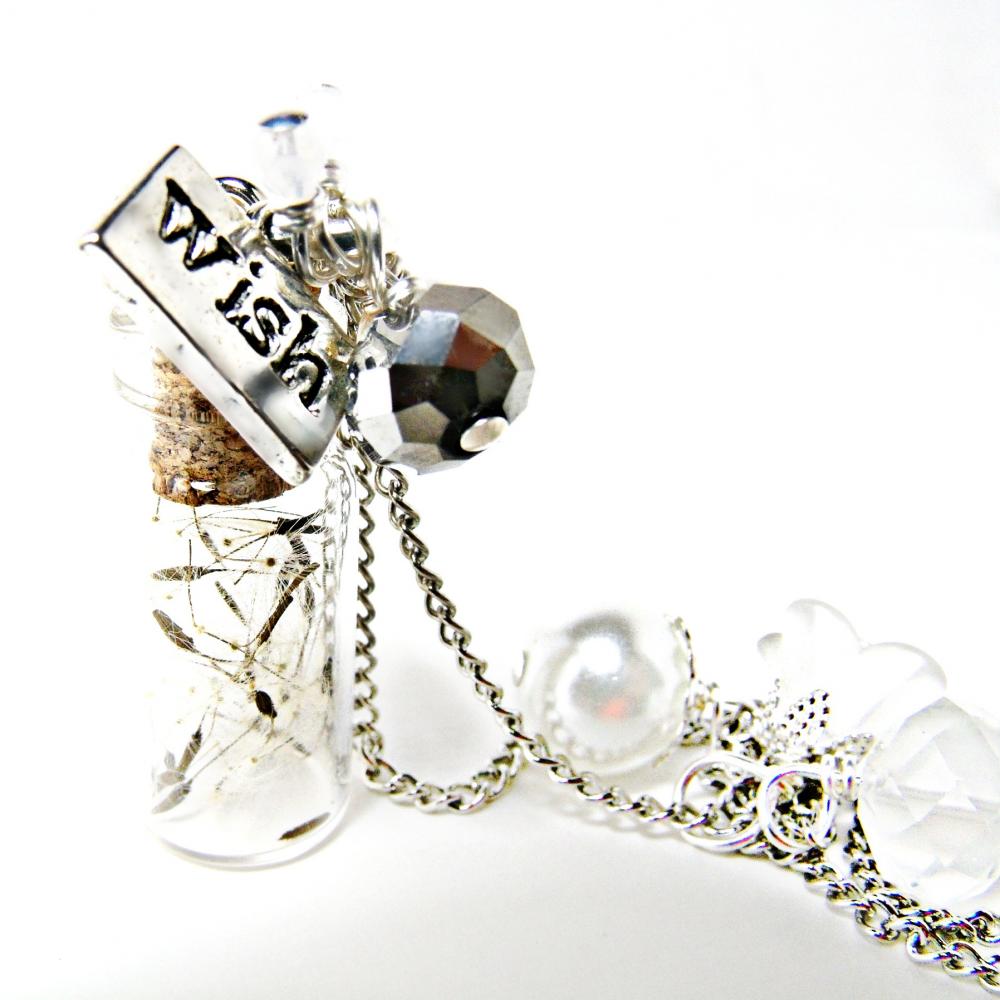 Dandelion Wish Bottle Necklace-white Necklace-summer Necklace- Womens Gift -summer Jewlery-flroal Jewelry, Bottle Jewelry, Glass Jewelry, Bottle