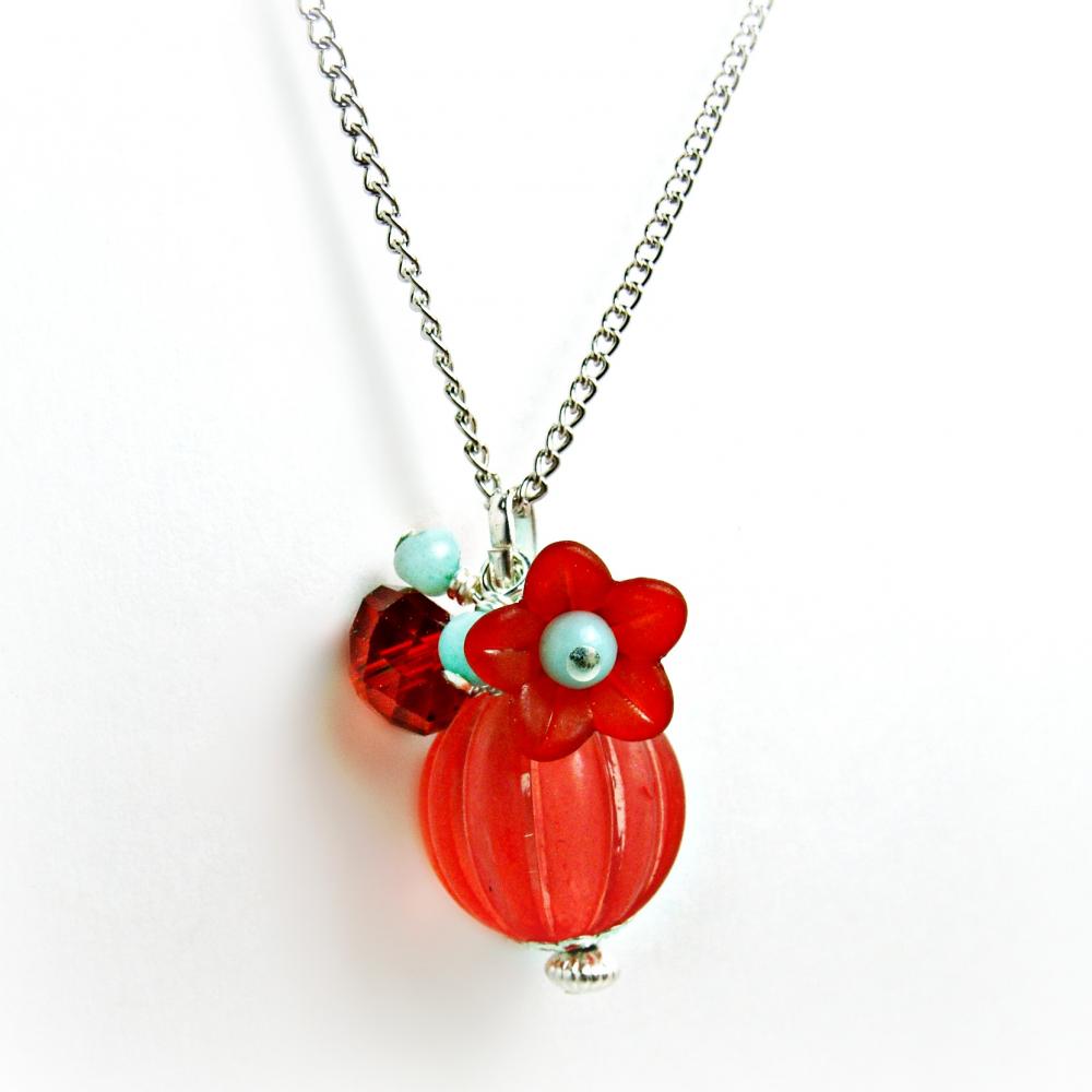 Red Lucite Pendant Necklace W/ Amazonite- Red Jewelry- Red And Aqua -czech Crystal - Crystal Jewelry- Flower Jewelry- Summer Jewelry