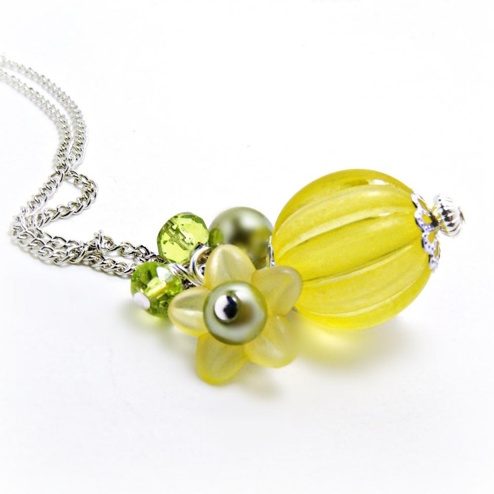 Yellow Lucite Pendant W/ Flower- Yellow Necklace-yellow Jewelry- Flower Necklace- Flower Jewlery- Pearl Jewlery -czech Glass Jewelry- Lemon