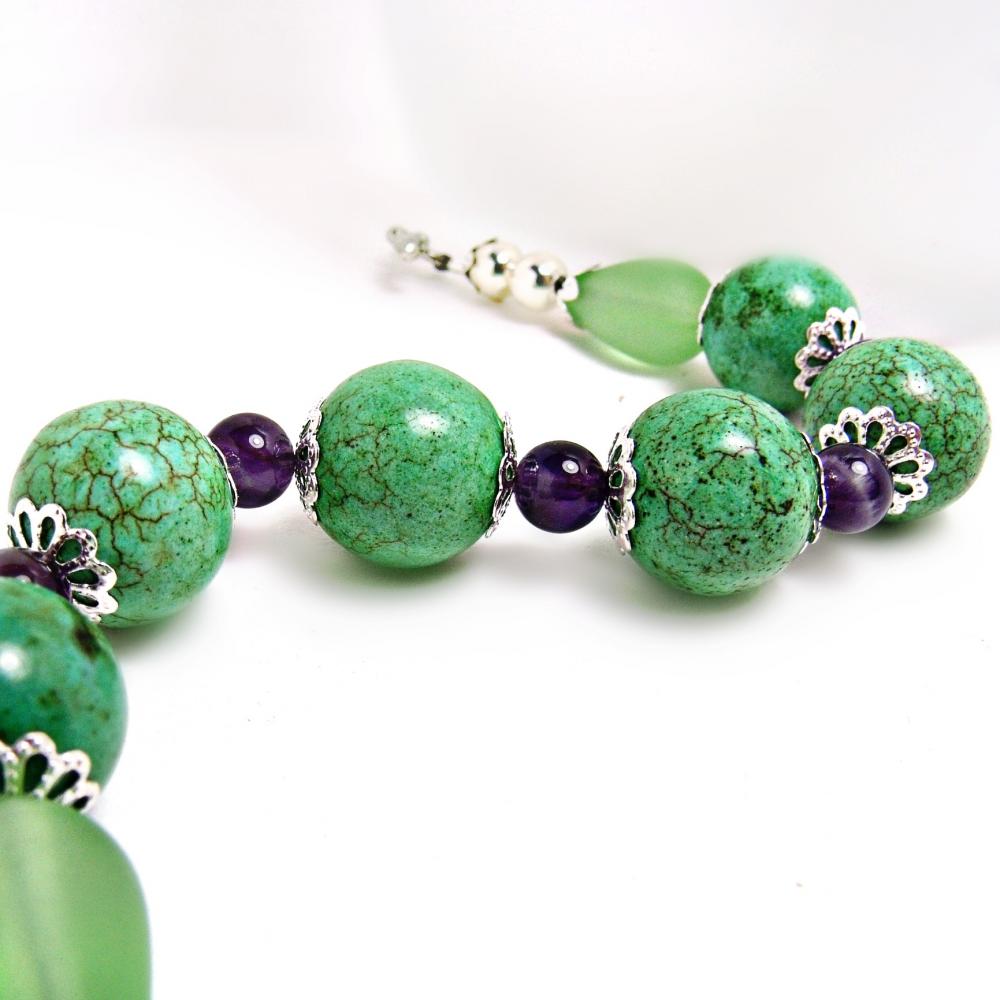 Magnesite Turquoise And Amethyst Bracelet- Green Bracelet-green Jewelry- Amethyst Jewelry-green And Purple- Flower Jewelry-summer Jewelry