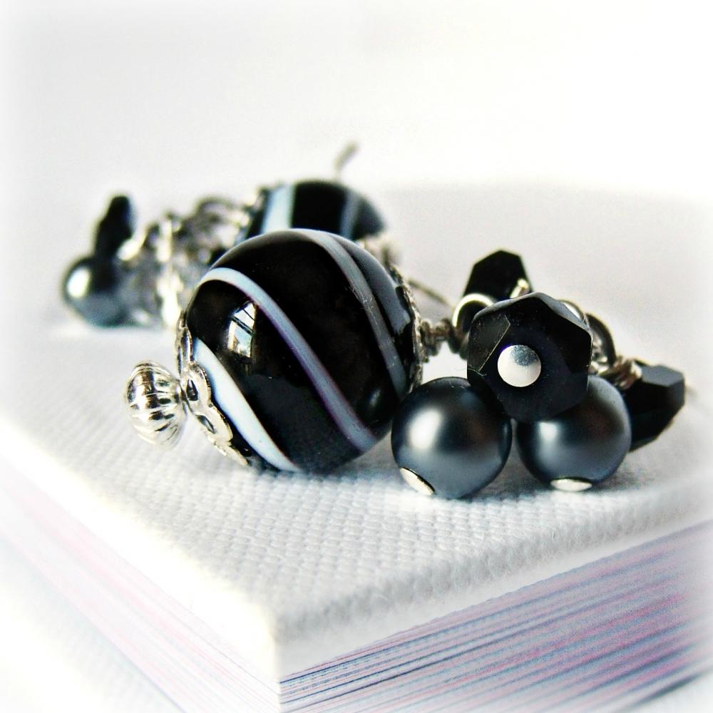 Black And White Hand Blown Glass Earrings W/ Onyx- Black Earrings- Black Jewelry- Pearl Jewelry- Onyx Jewelry- Sterling Silver Jewelry