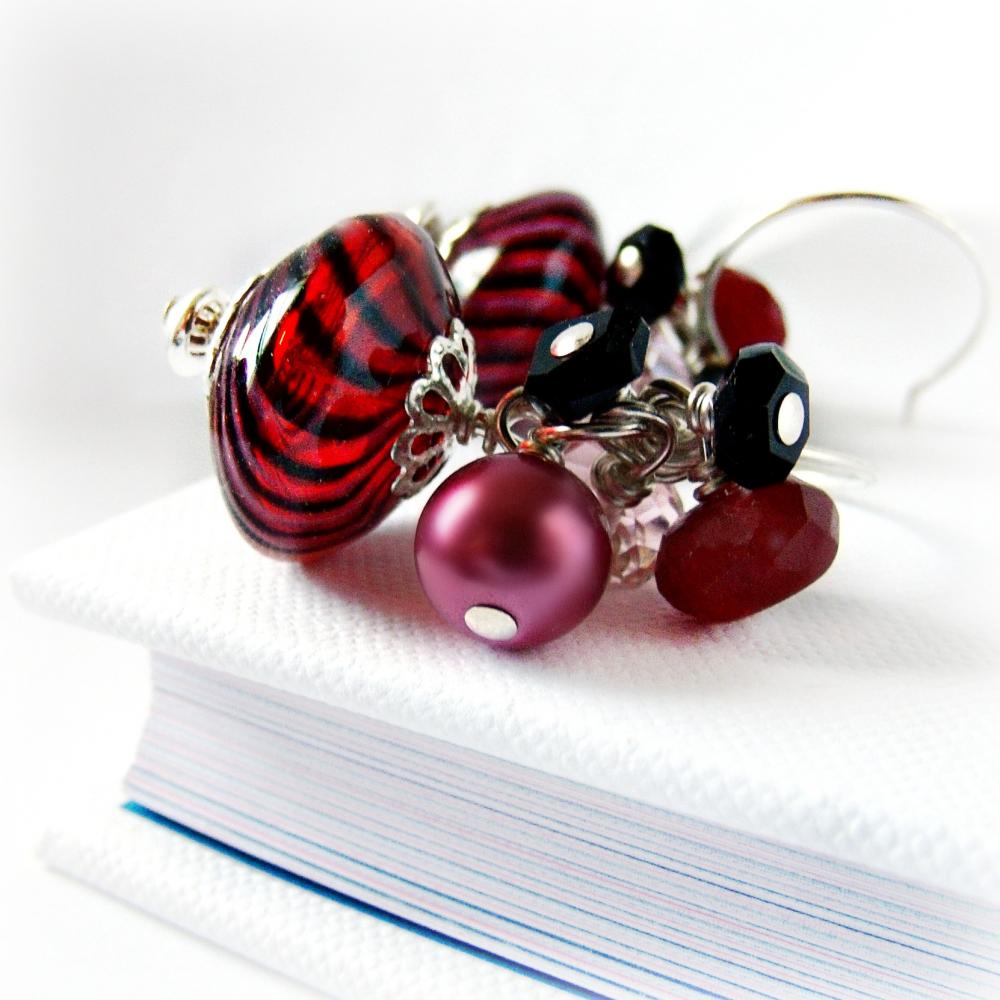 Red And Black Stripe Blown Glass Earrings W/ Red Jade And Onyx- Red Jewelry-sterling Silver- Pearl Jewelry- Onyx Jewelry